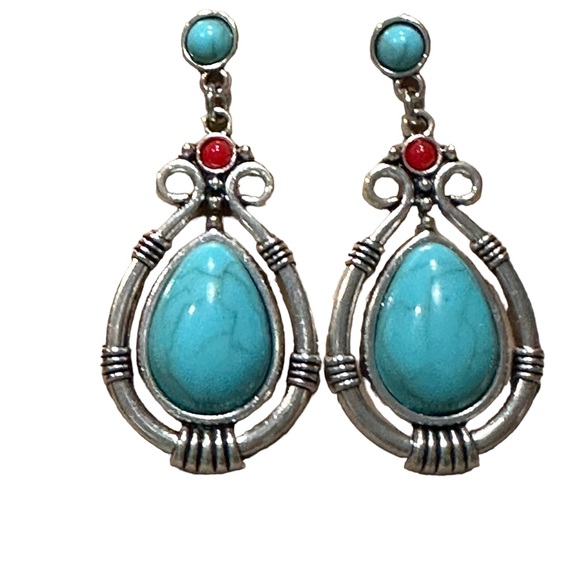 Silver and Turquoise Stone Drop Earrings - Picture 2 of 5